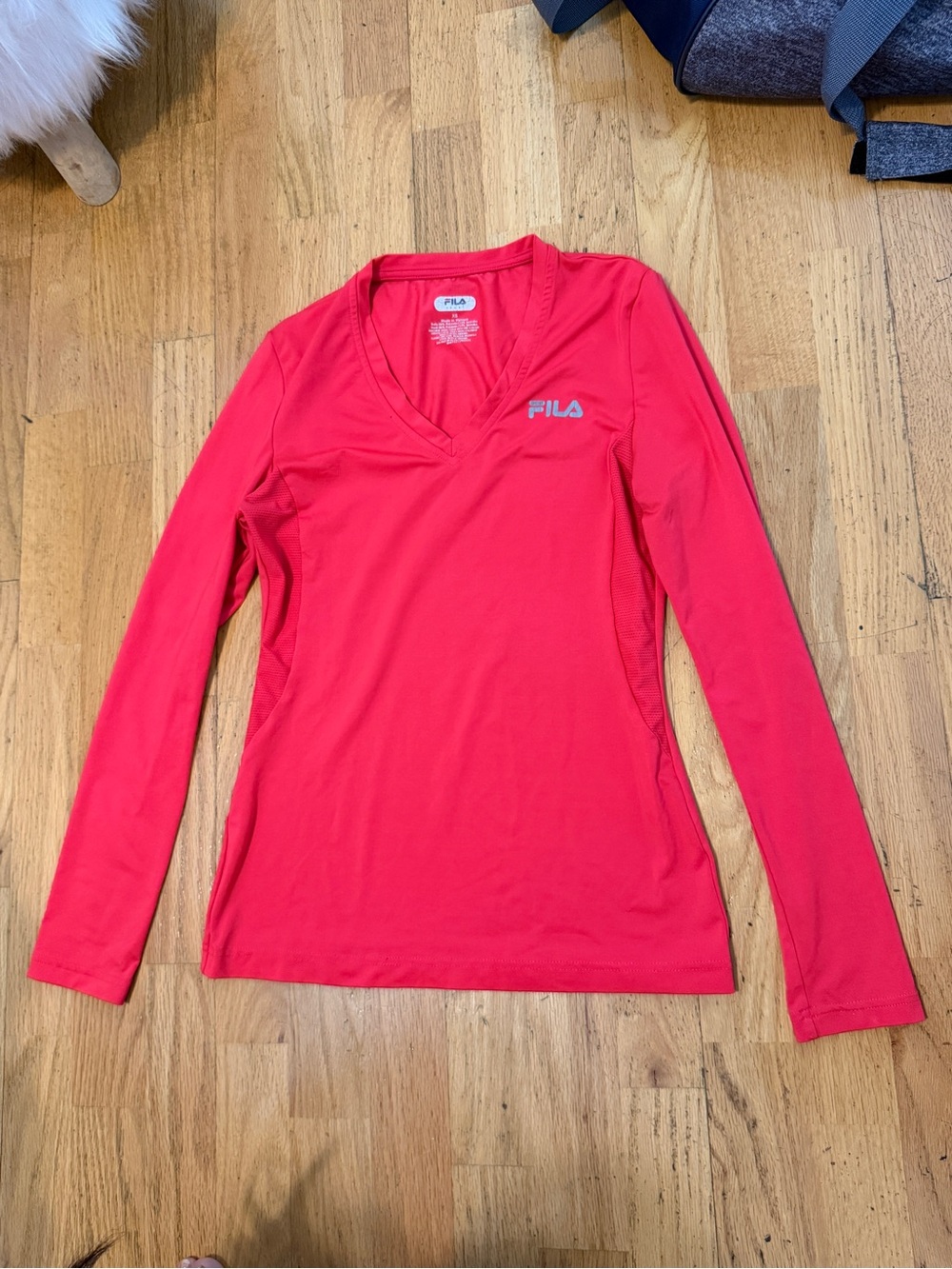 FILA Sport Women XS Red Long Sleeve Athletic Shirt V Neck Stretch Workout Top